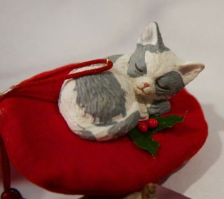 Vintage Christmas Ornament,  Little Ceramic Cat Sleeping On A Red Felt Bed