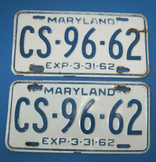 1962 Maryland License Plates Matched Pair With 62 In Number