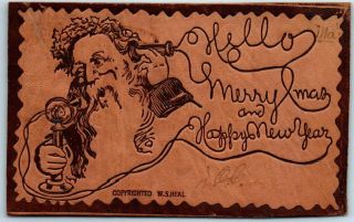 Vintage Christmas Leather Postcard Santa Claus On Telephone W/ 1906 Nyc Cancel