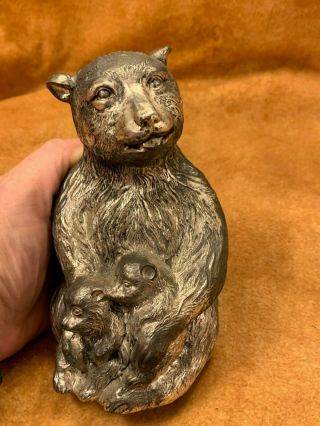 Vintage Mama Bear & Cubs Coin Piggy Bank Metal 5 1/4 "
