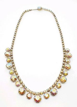 Vintage Gold Tone Aurora Borealis Crystal Glass Gemstone Runway Chain Necklace
