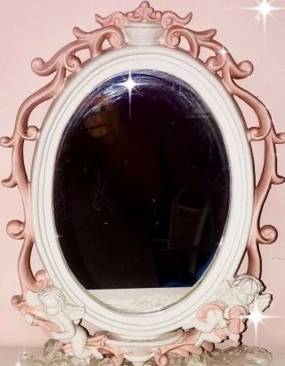Vintage Ornate Oval Mirror With Cherubs Shabby Chic White W Peach 7.  5 " X 11.  5 "