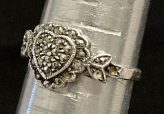 Vintage Fas Sterling Silver Marcasite Heart Ring Signed Size: 6.  5 Repair A004