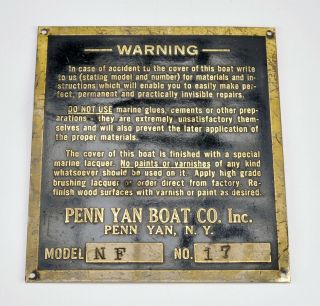 Vintage Penn Yan Wooden Boat Brass Model Identification I.  D.  Plate