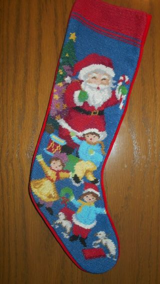 Vintage 1991 Needlepoint Christmas Stocking With Santa Claus,  Toys,  Boys,  Girls