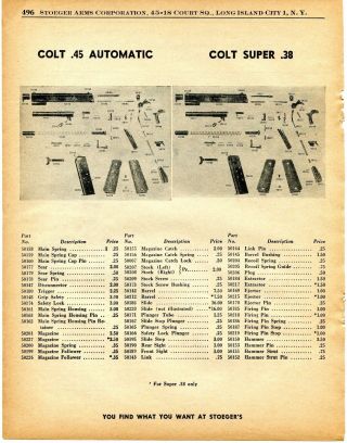 1956 Print Ad Of Colt.  45 Automatic &.  38 Pistol Parts List