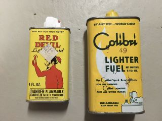 2 Vintage Lighter Fluid Cans Tins - Colibri Essence 8 Oz & Red Devil 4 Oz
