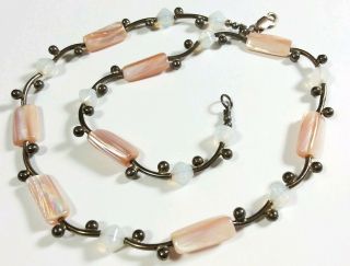 Vintage 925 Sterling Silver Beaded Mother Of Pearl & Moonstone 15.  5 " Necklace