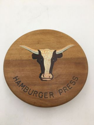 Vintage Wooden Hamburger Press Cow Burger Press Hinged Lid