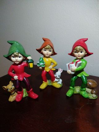 Vintage Set Of 3 - Homco Christmas Elves Pixies - 6 " Porcelain - 5215