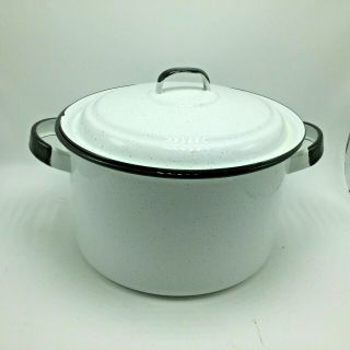 Vintage White Enamelware Stock Pot With Handles And Lid Black Trim