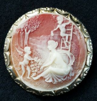 Vintage Neoclassical Mid Century Pictoral Cameo Brooch Pin W/ Woman & Cherubs