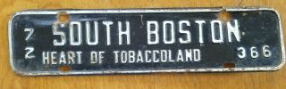 1972 South Boston Virginia License Plate Topper,  Heart Of Tobaccoland,  366