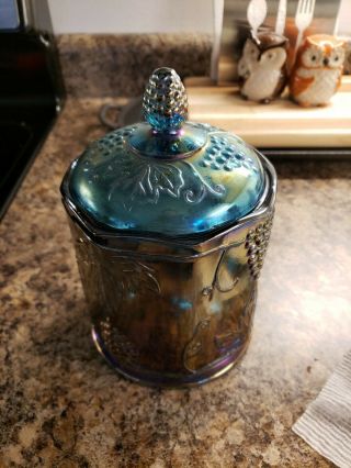 Vintage Carnival Glass Covered Candy Jar.  Grape And Leaf Pattern