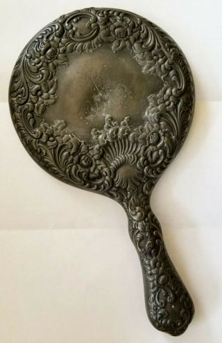 Vintage Art Noveau Silvertone Metal Vanity Hand Mirror