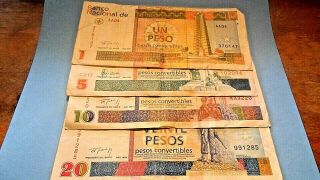 4 Cuban Ppaer Bills,  1,  5,  10,  20 Pesos Republica De Cuba