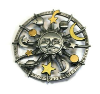 Jj Signed Vintage Sun Moon Stars Planets Pewter Circle Pin Brooch