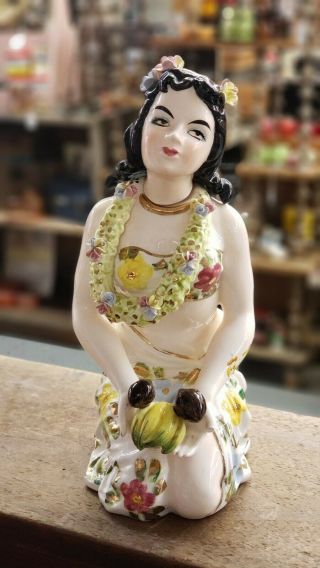 Vintage 1950s Porcelain Hawaiian Hula Girl Tiki Decanter Music Box
