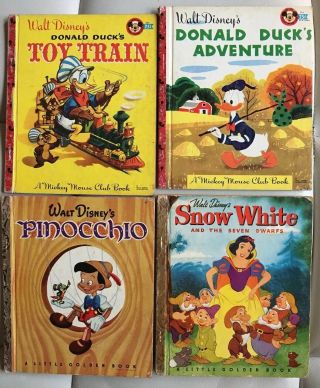 4 Vintage Little Golden Books,  Donald Duck,  Snow White,  Pinocchio,  1948 - 50