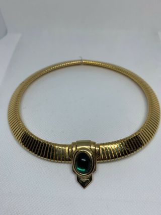 Vintage Gold Tone Green Rhinestone Choker Necklace Jewelry