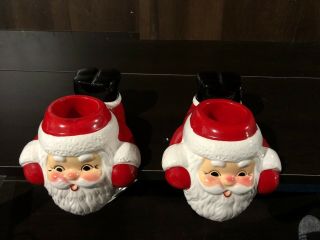 2 Vintage Wicks N Sticks Ceramic Santa Claus Candle Holder Shelf Sitter Ceramic