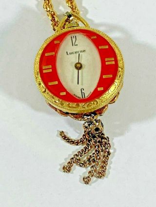 Vintage Lucerne Swiss Made Cameo Tassel Pendant Watch On Chain Gold Tone