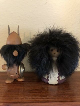 Vintage Wooden Eskimo & Viking Dolls - Real Fur - 3 " Tall - Unique
