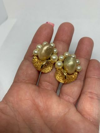 Vintage Gold Tone Faux Pearl Clip On Earrings Signed Crown Trifari