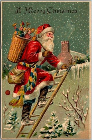 Vintage Christmas Postcard Santa Claus Climbing Ladder To Rooftop - 1907 Cancel
