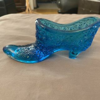 Vintage Fenton Blue Glass Daisy And Button Pattern Shoe 6 " Long 2 3/4 " Tall