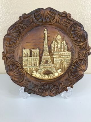 Vintage Paris France Souvenir 3 - D Faux Wood Wall Hanging Plate
