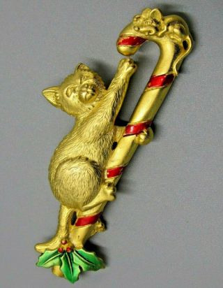 Vintage Jewelry Signed Jj Christmas Cat Mouse Candy Cane Brooch Pin Rhinestone S