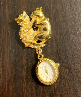 Signed Vintage Gold Rhinestone Cat Brooch Dangling Pendant Watch/clock