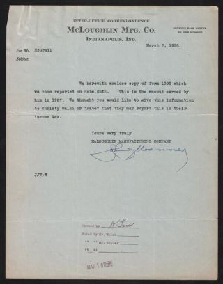 1928 Letter To Babe Ruth Christy Walsh From Mcloughlin Game Re: Income Reporting