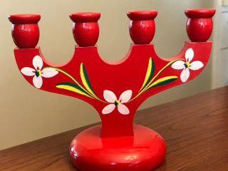 Swedish Red Wood Candelabra Candle Holder Hand Painted Flowers 6 " L X 4.  5 " H