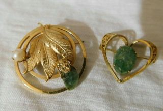 Set Of 2 Vintage Green Jade And Pearl Brooch Pins 1 Signed Simmons