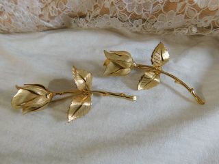 Set of 2 Vintage Gold Rose Brooch Pins 1 Signed Giovanni 2