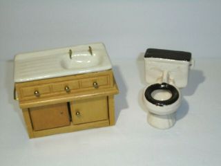 Vintage Porcelain Toilet Bathroom Sink Wood Vanity Dollhouse Scale Toys