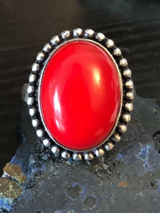 Vintage Native American Red Coral Sterling Silver Sun Ring 7 G Size 8.  5