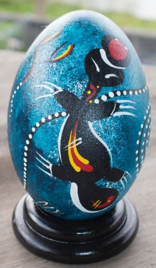 Aboriginal Painted Emu Eggs & Ring Stand By Aboriginal Artist Australian Made