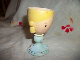 VINTAGE HAND CRAFTED WOOD EGG CUP BY SEVI ? WOMAN EGG HOLDER w Crafted Egg 3