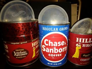(3) Vintage Metal Coffee Cans With Orig.  Lids - 2 - Hills Bros/chase&sanborn