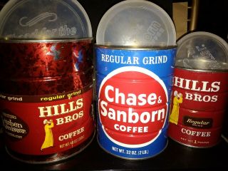(3) Vintage METAL COFFEE CANS with Orig.  LIDS - 2 - HILLS Bros/chase&sanborn 2