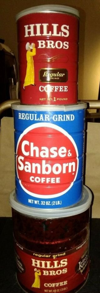 (3) Vintage METAL COFFEE CANS with Orig.  LIDS - 2 - HILLS Bros/chase&sanborn 3