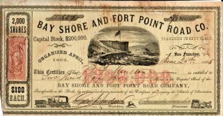 San Francisco Bay Shore & Fort Point Road Co.  Stock Certificate 2000 Shares 1863