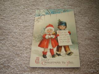 Vintage Postcard Signed Clapsaddle Christmas Girl And Boy Blue Hat Red Coat 1914