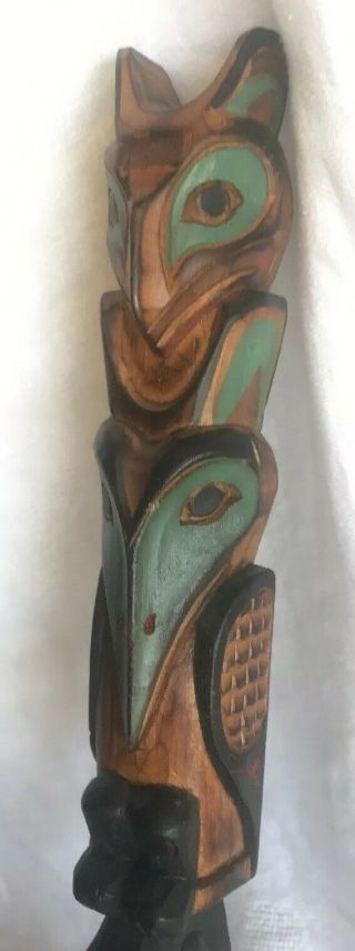Alaska Black Diamond Hand Crafted Totem Pole Signed Ray Moore Hand Painted 14”