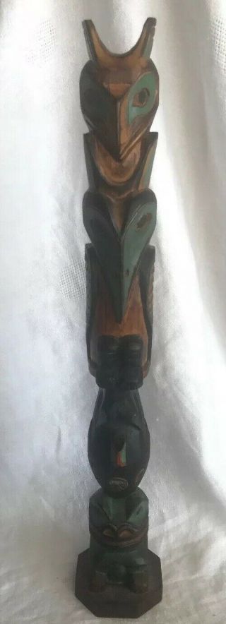 Alaska Black Diamond Hand Crafted Totem Pole Signed Ray Moore Hand Painted 14” 2