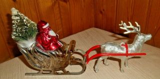 Vintage Mid Century Hard Plastic Santa Sleigh & Reindeer Bradford Angel Hair Tre