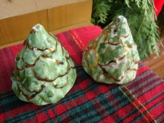 Vintage Hand Painted With Gold Trim Ceramic Salt/pepper Green Christmas Tree Sha